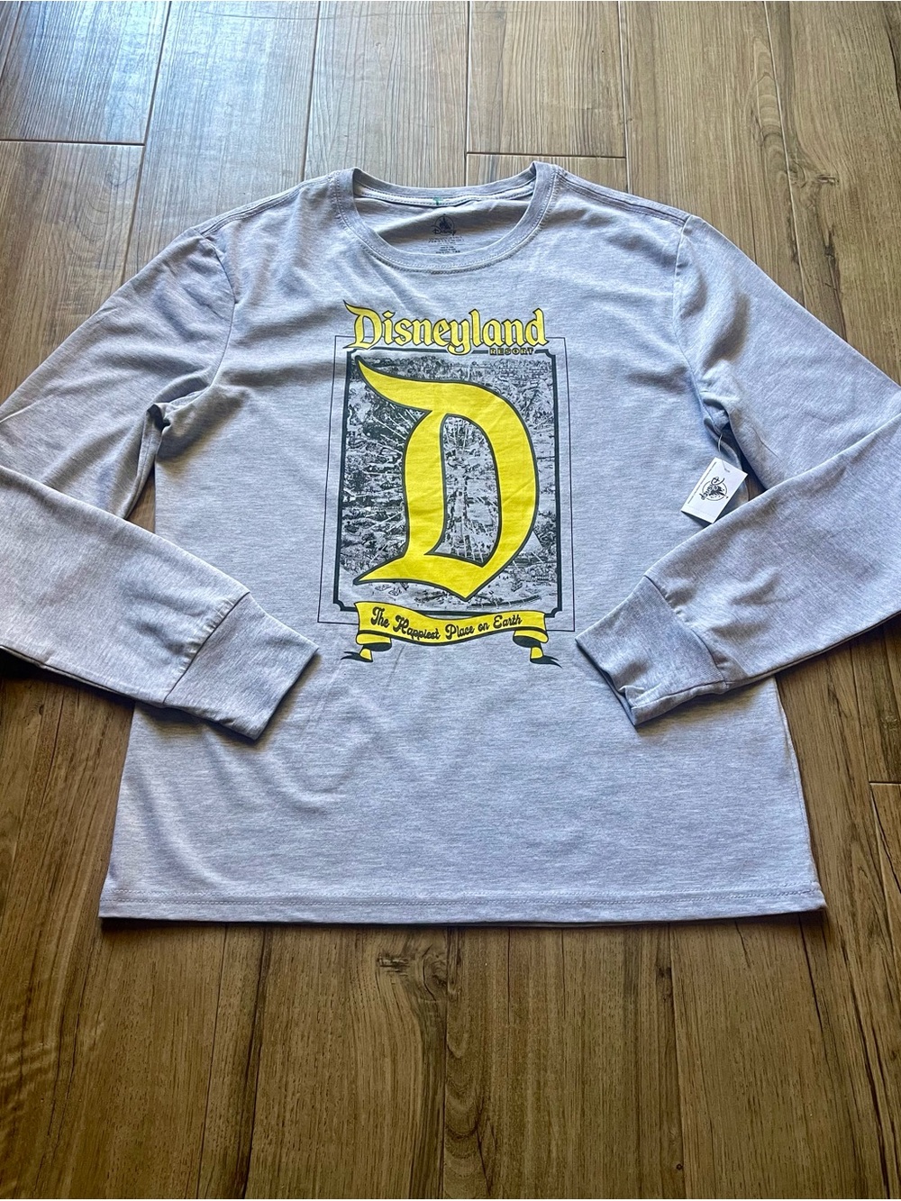 Long Sleeve Gray Disney Tee with Yellow 'D' And Happiest Place On Earth Graphic